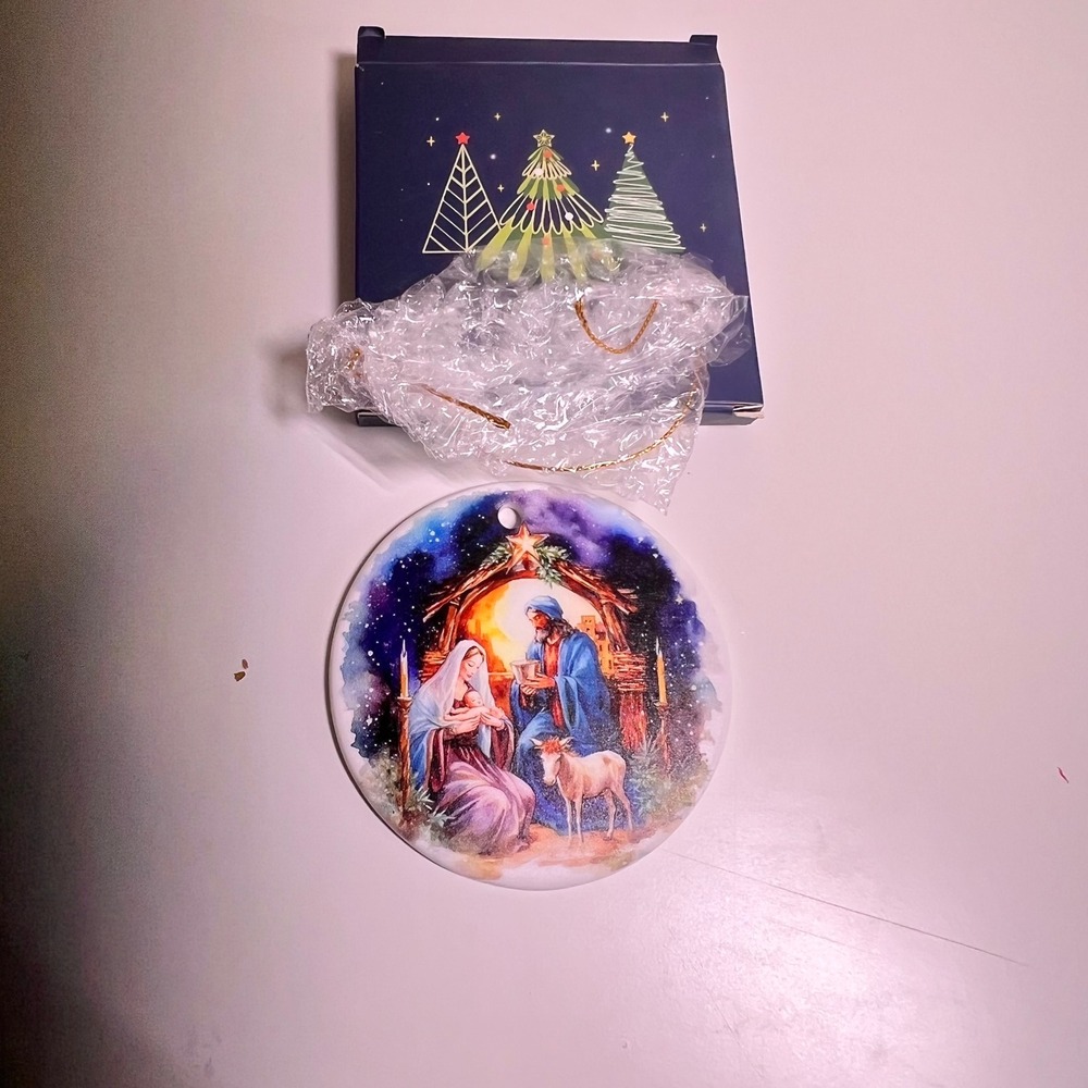 OS Nativity Christmas Ornament Multicolor Ceramic Holy Family Boxed